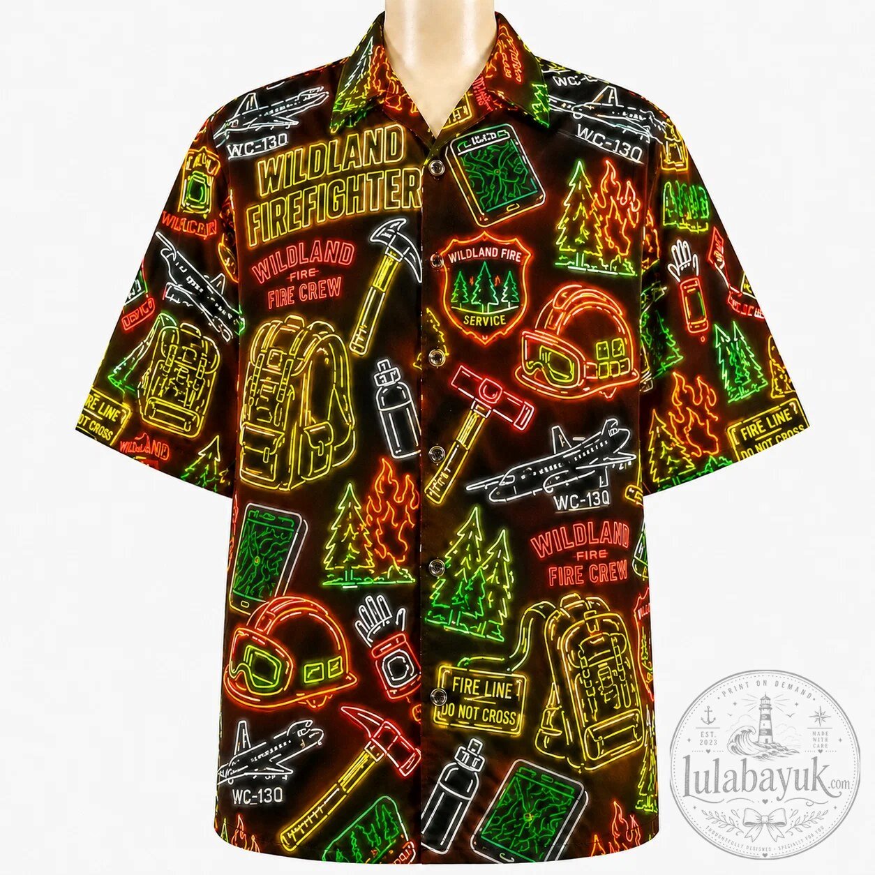 Wildland Firefighter Neon Sign Style Hawaiian Shirt for Men and Women