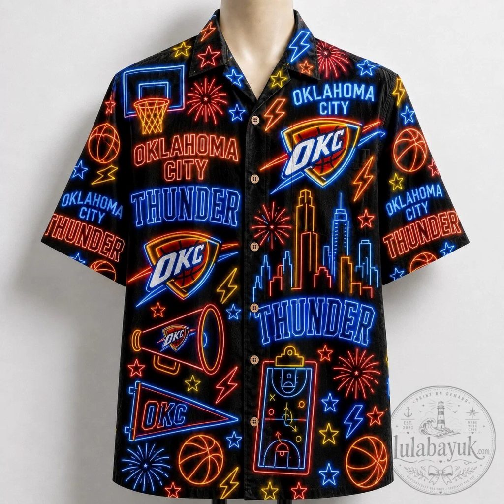 Oklahoma City Thunder Neon Pattern Summer Party Button Up Hawaiian Shirt Oklahoma City Thunder Neon Pattern Summer Party Button Up Hawaiian Shirt
