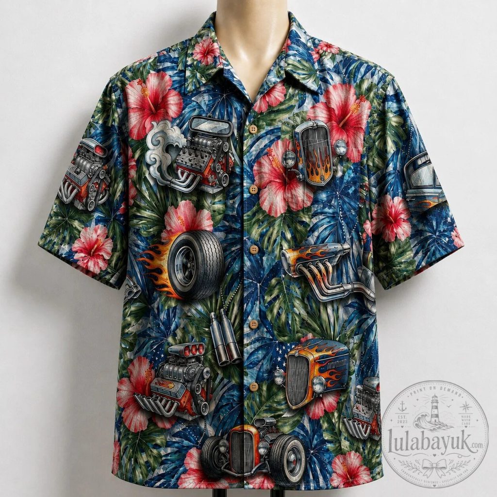 Hot Rod Engine Hibiscus Floral Tropical Hawaiian Shirt
