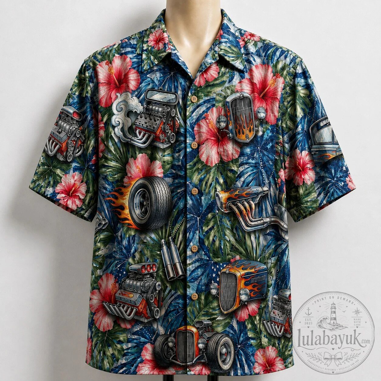 Hot Rod Engine Hibiscus Floral Tropical Hawaiian Shirt