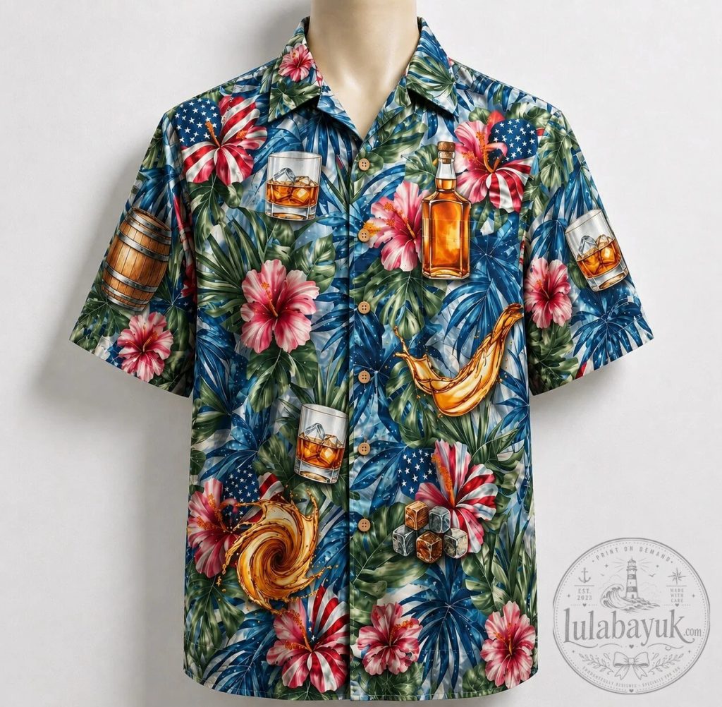 American Flag Whiskey Hibiscus Tropical Hawaiian Shirt American Flag Whiskey Hibiscus Tropical Hawaiian Shirt