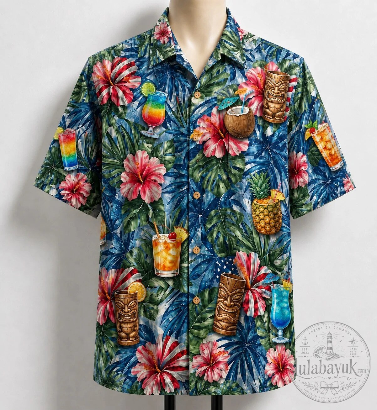 Tiki Bar Cocktails Tropical Leaves Hawaiian Shirt