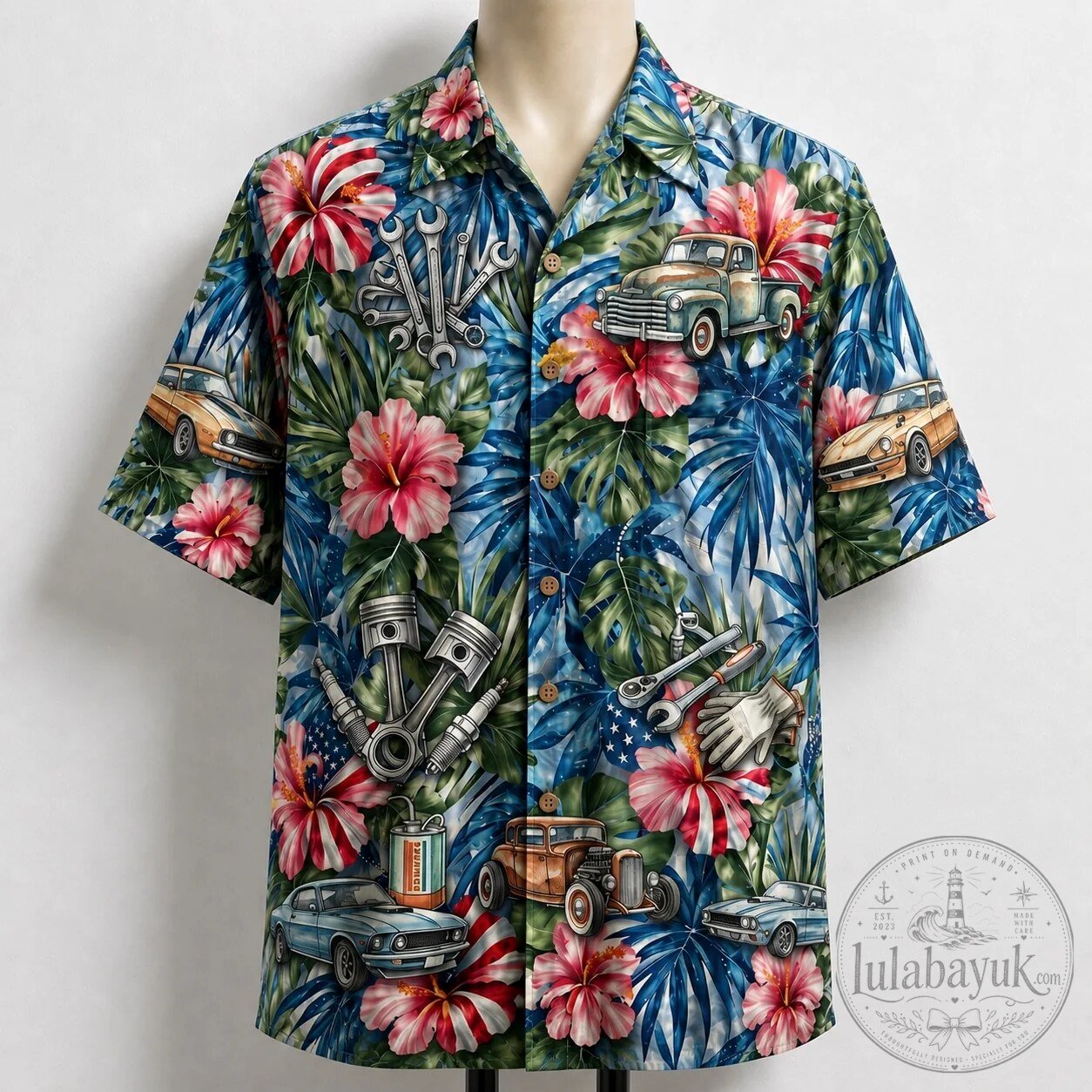Classic Car Mechanic Hibiscus Tropical Hawaiian Shirt for Men and Women
