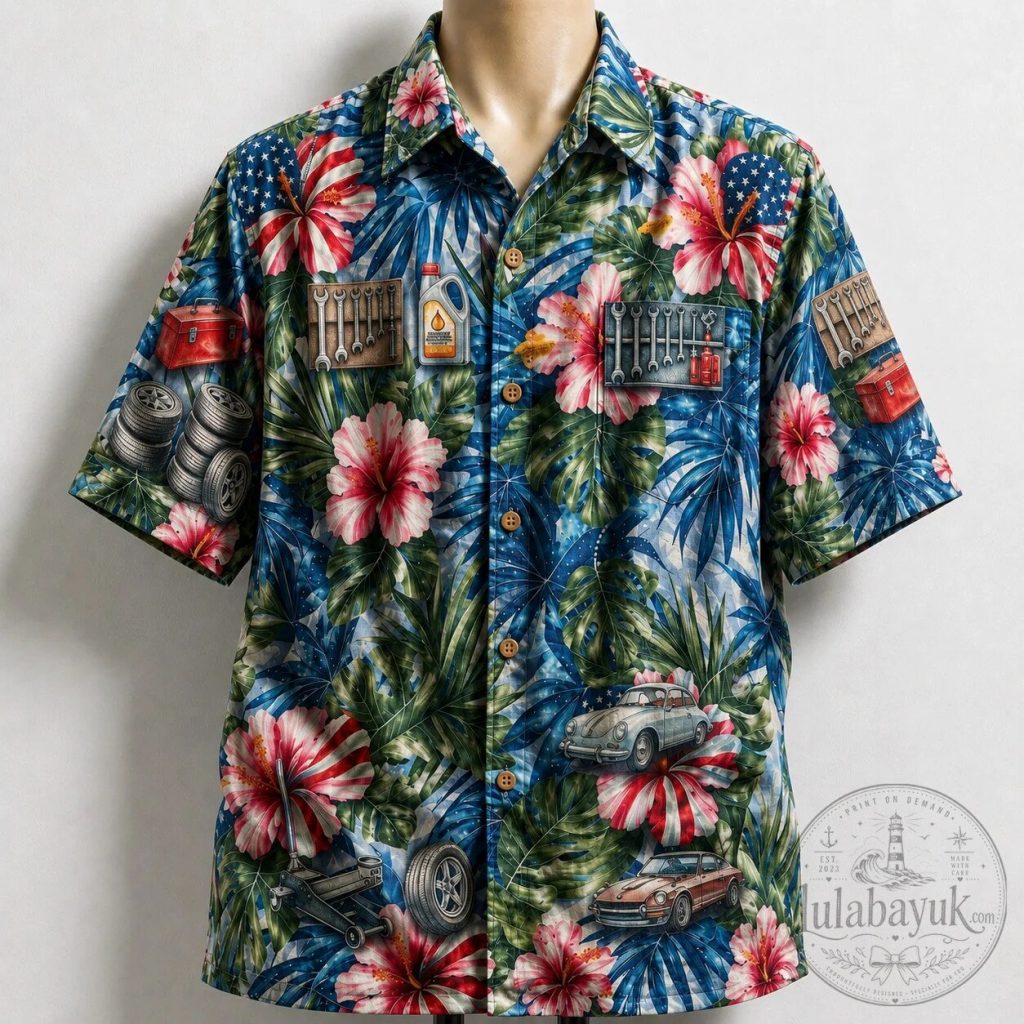 American Garage Life Hibiscus Floral Classic Car Hawaiian Shirt American Garage Life Hibiscus Floral Classic Car Hawaiian Shirt