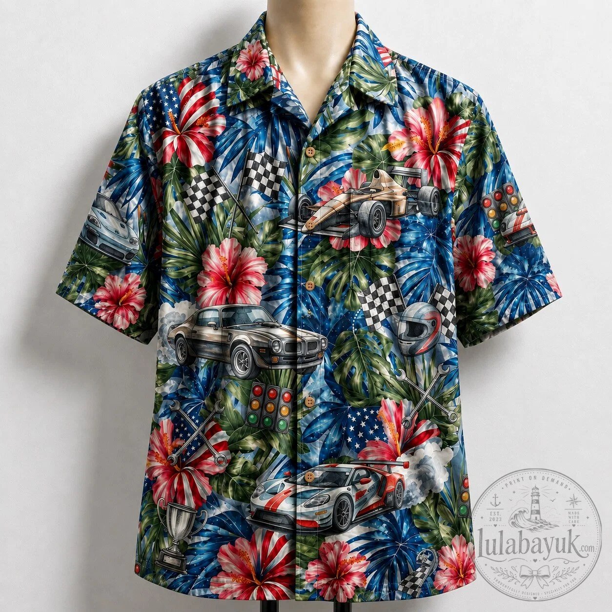 American Racing Cars Hibiscus Tropical Hawaiian Shirt for Men and Women