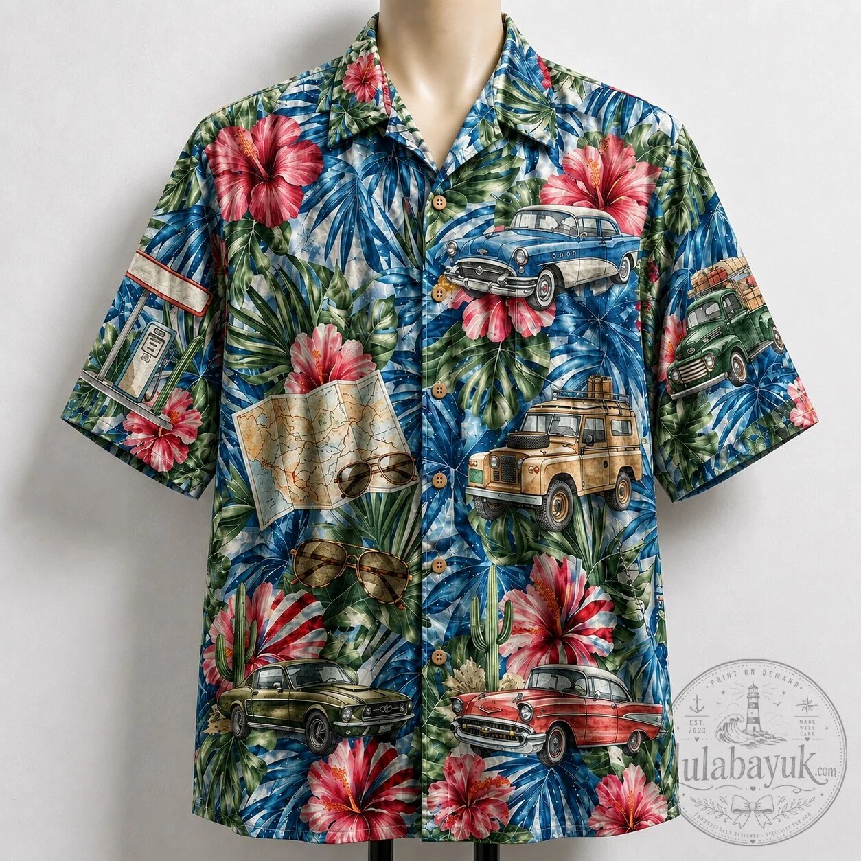 Classic Car Road Trip Tropical Floral Hawaiian Shirt for Men and Women