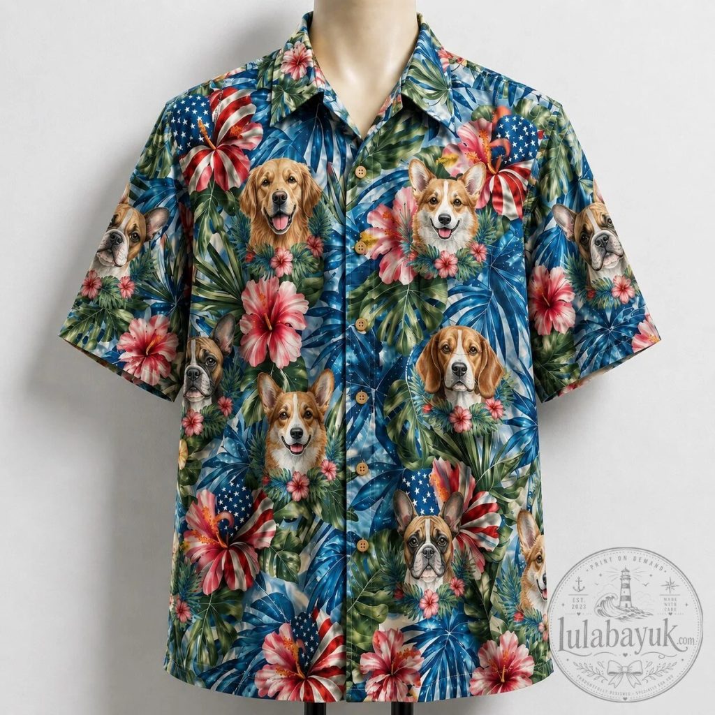Patriotic Dogs American Flag Hibiscus Tropical Hawaiian Shirt