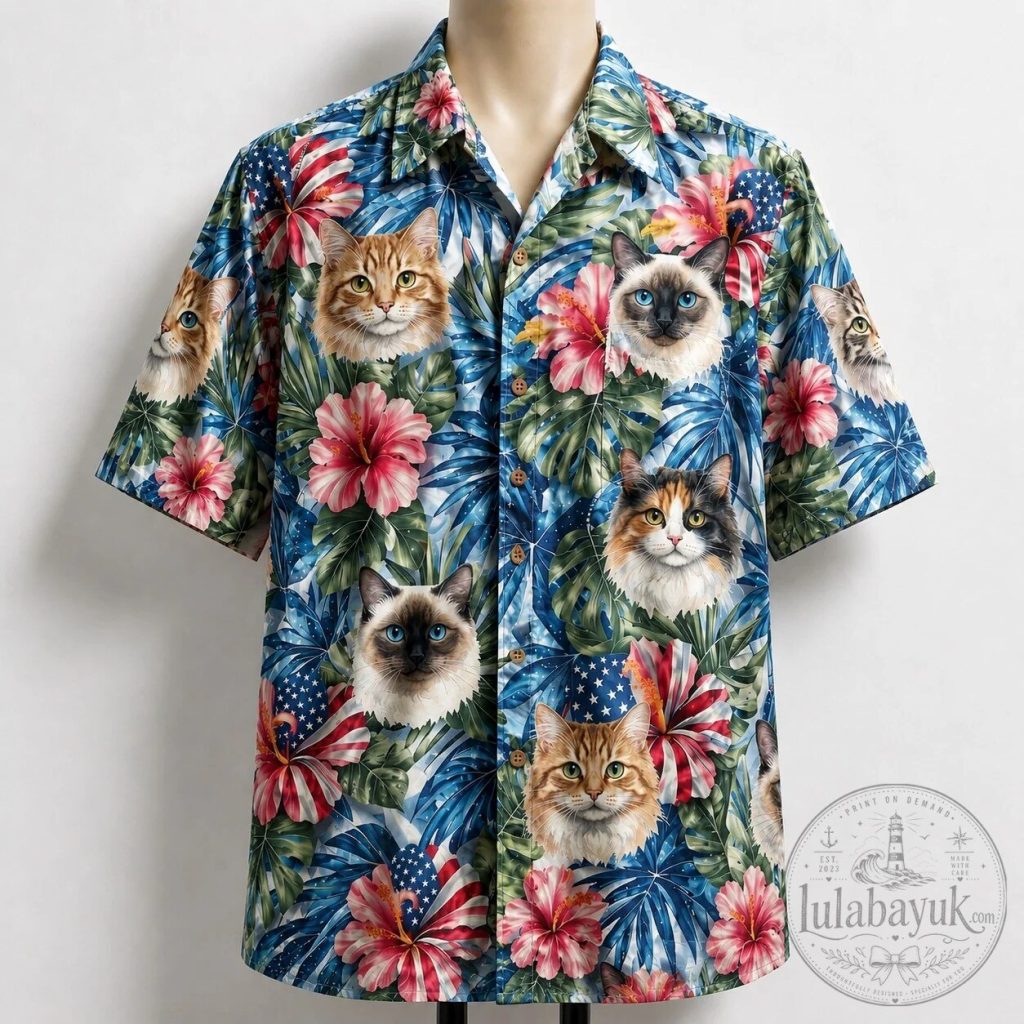 Patriotic Cat Faces And Hibiscus Tropical Hawaiian Shirt Patriotic Cat Faces And Hibiscus Tropical Hawaiian Shirt