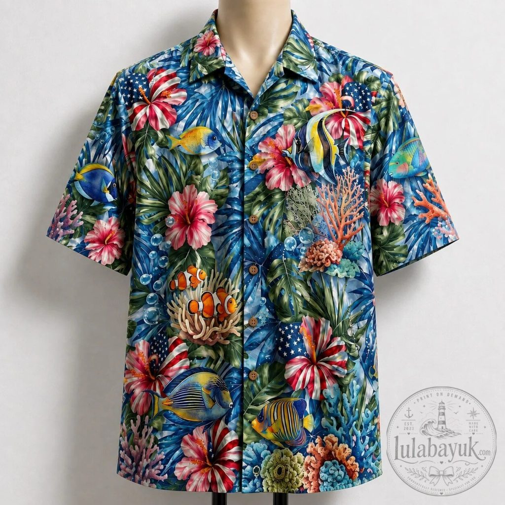 Patriotic Tropical Fish Hibiscus Hawaiian Shirt for Men and Women Patriotic Tropical Fish Hibiscus Hawaiian Shirt for Men and Women