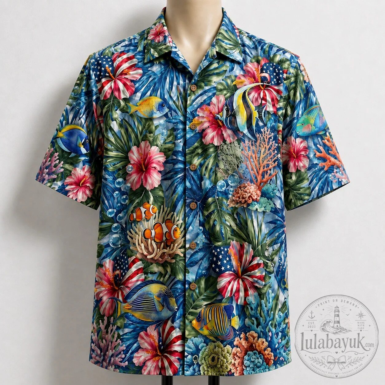 Patriotic Tropical Fish Hibiscus Hawaiian Shirt for Men and Women