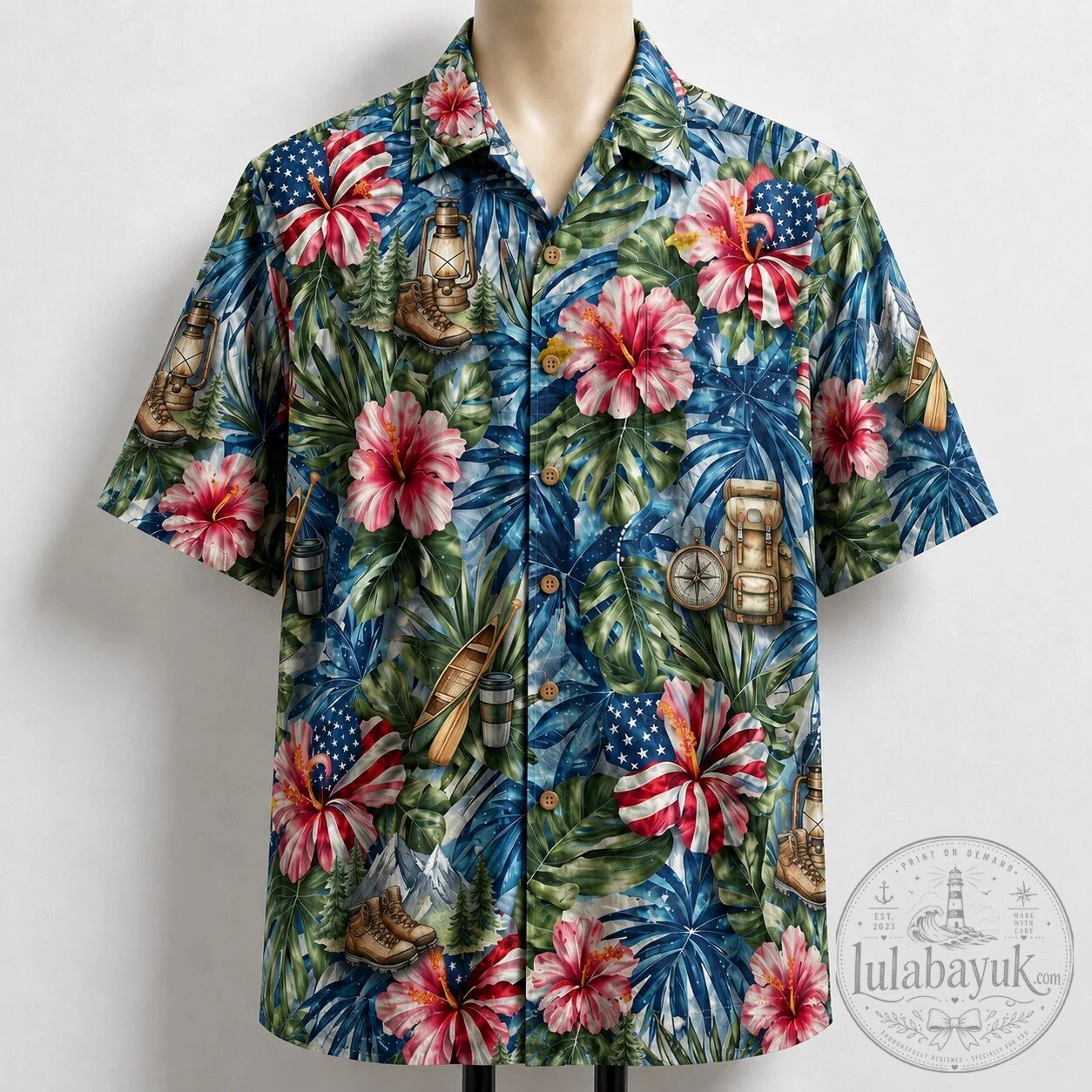 American Flag Hibiscus Outdoor Lifestyle Hawaiian Shirt for Men and Women