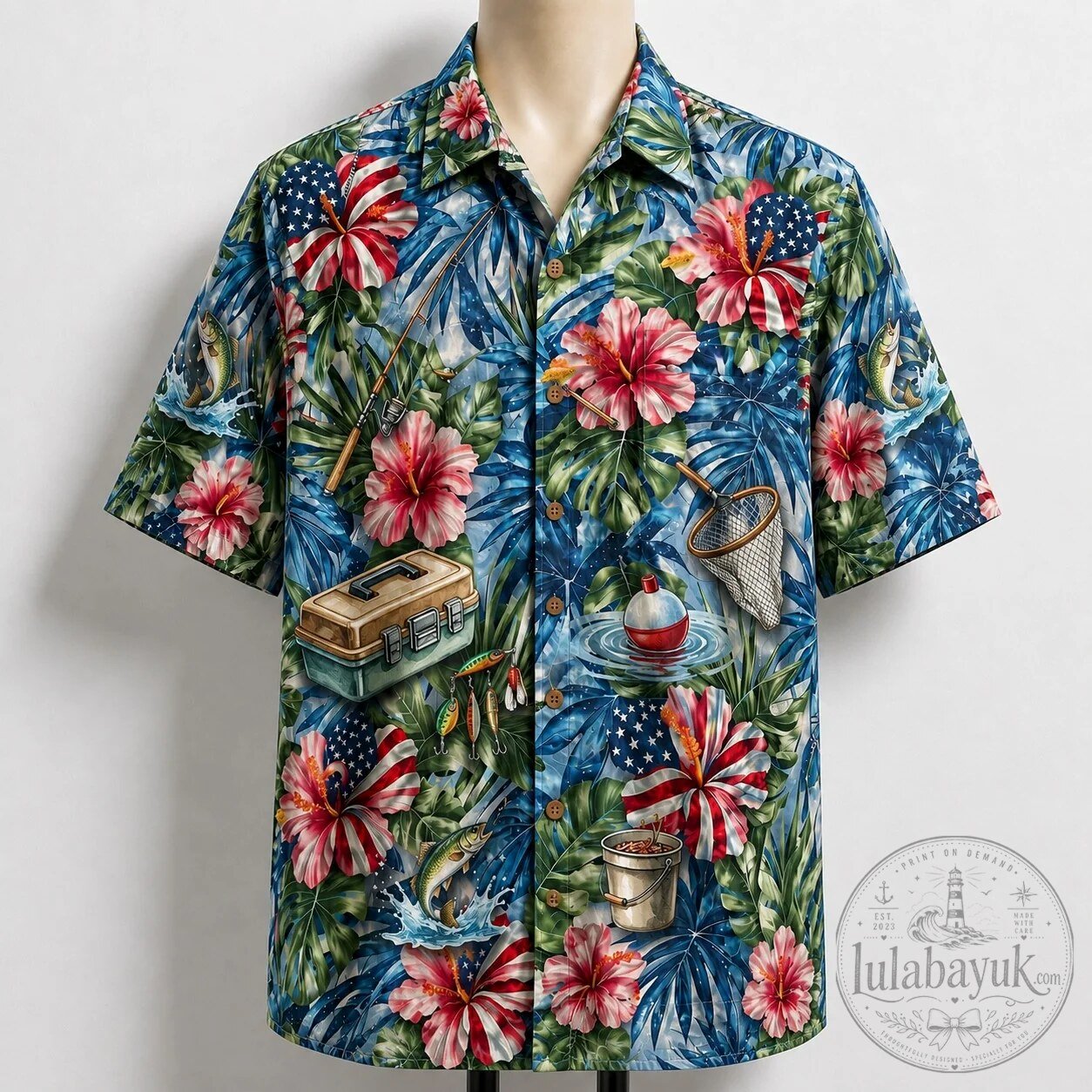 American Flag Fishing Hibiscus Floral Pattern Hawaiian Shirt