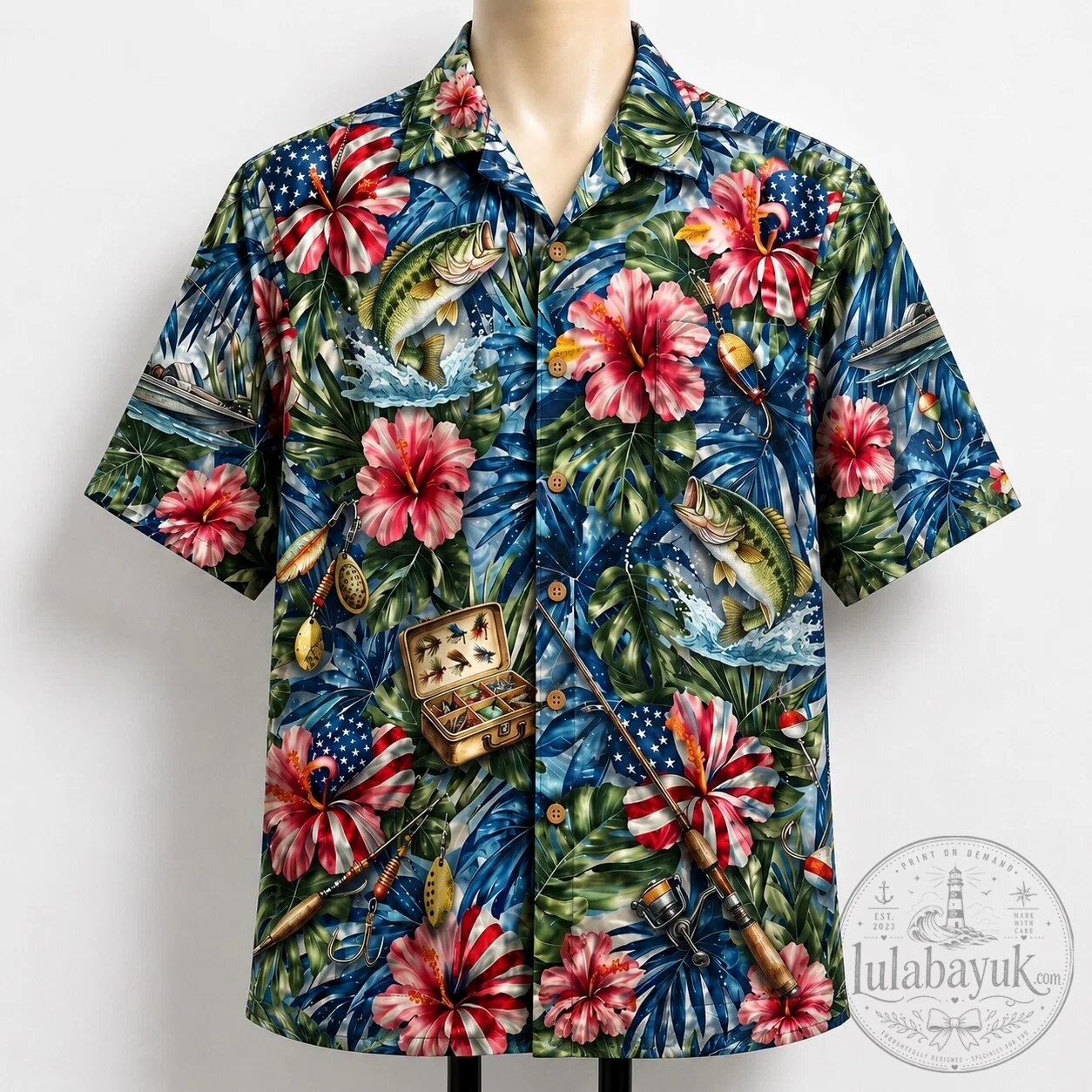 Bass Fishing American Flag Hibiscus Tropical Hawaiian Shirt