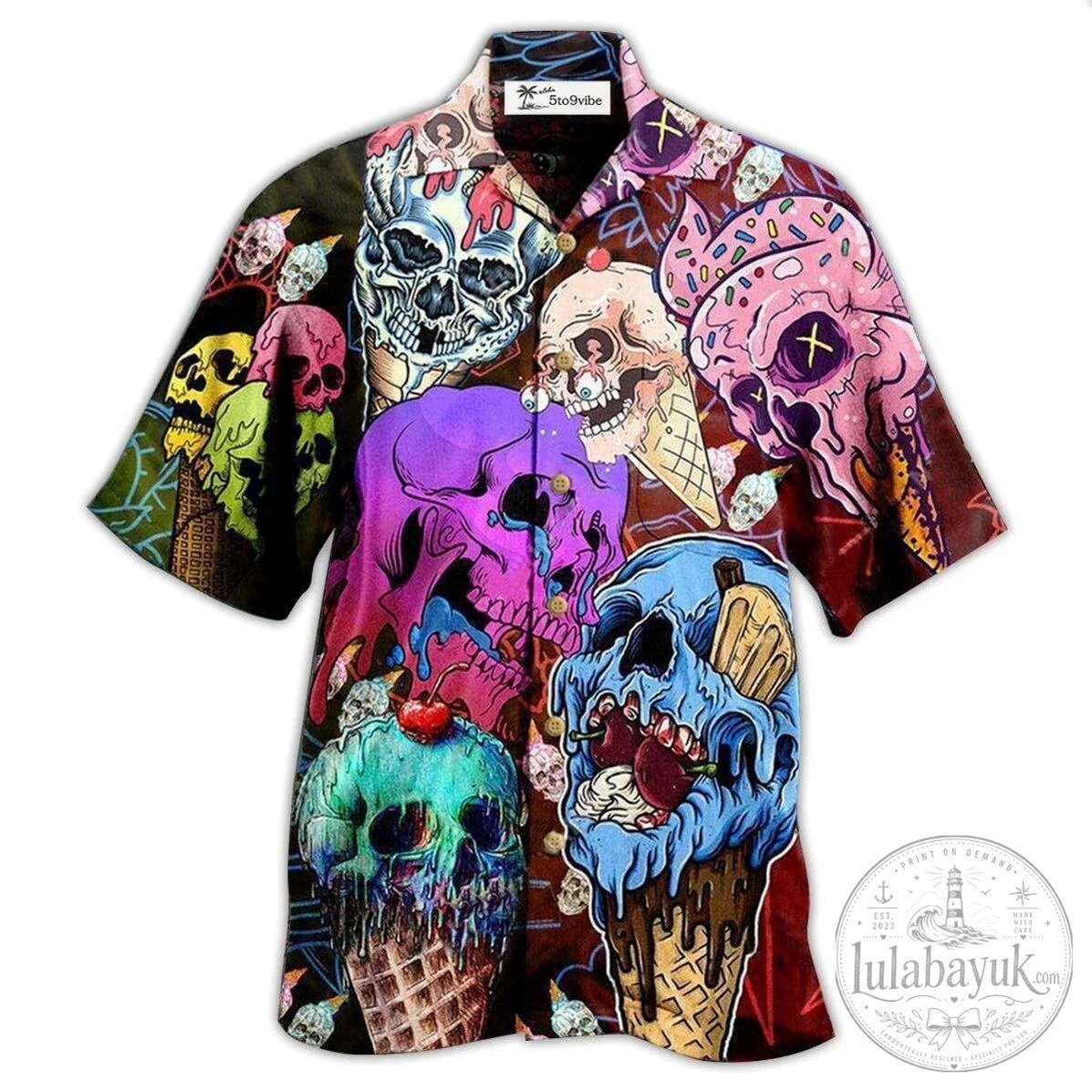 Colorful Skull Ice Cream Cone Pattern Unisex Hawaiian Shirt