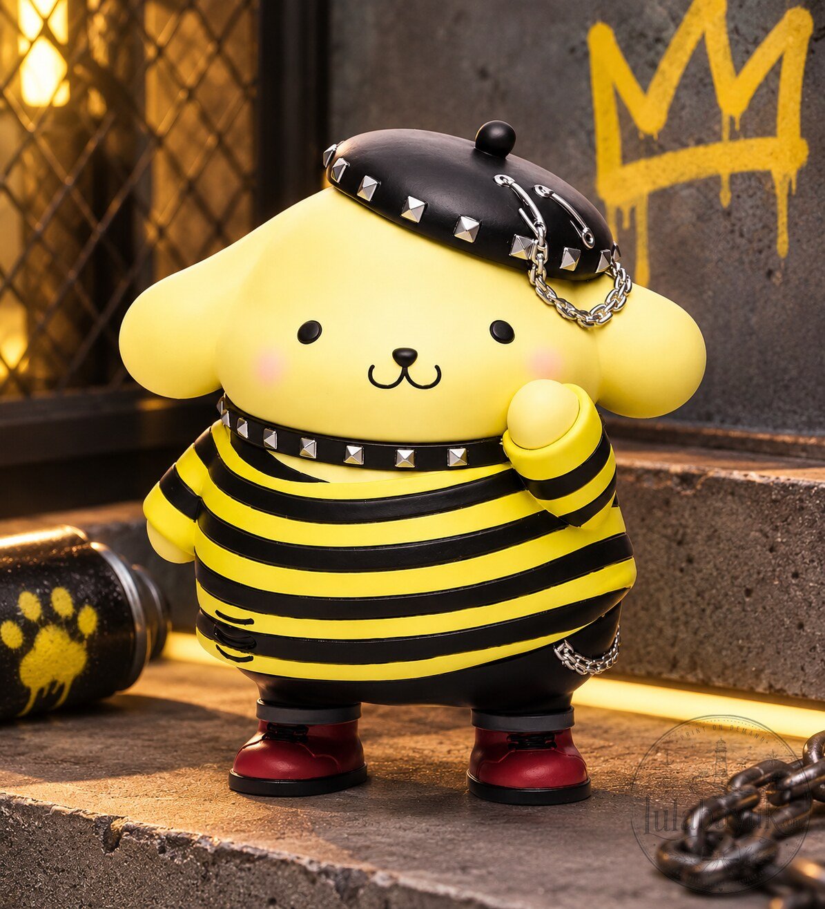 Sanrio Pompompurin Goth Punk Rock Vinyl Figure With Beret Striped Shirt Studded Collar Collectible Toy