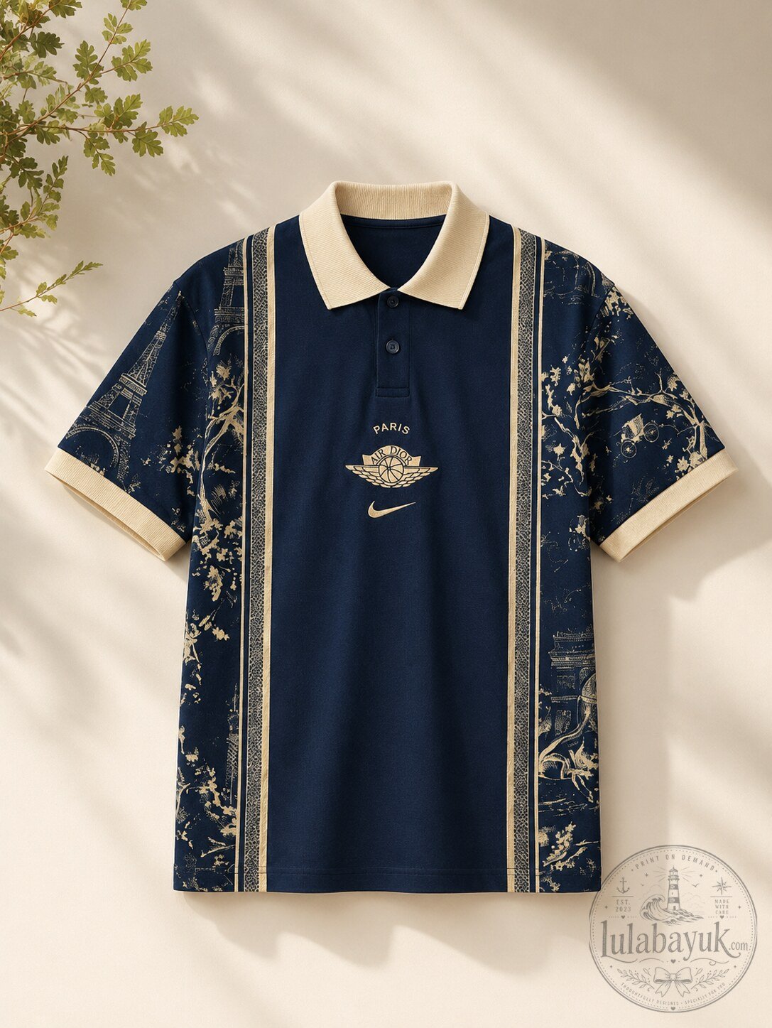 Air Dior x Nike Paris Graphic Knit Polo Shirt Navy Cream Streetwear