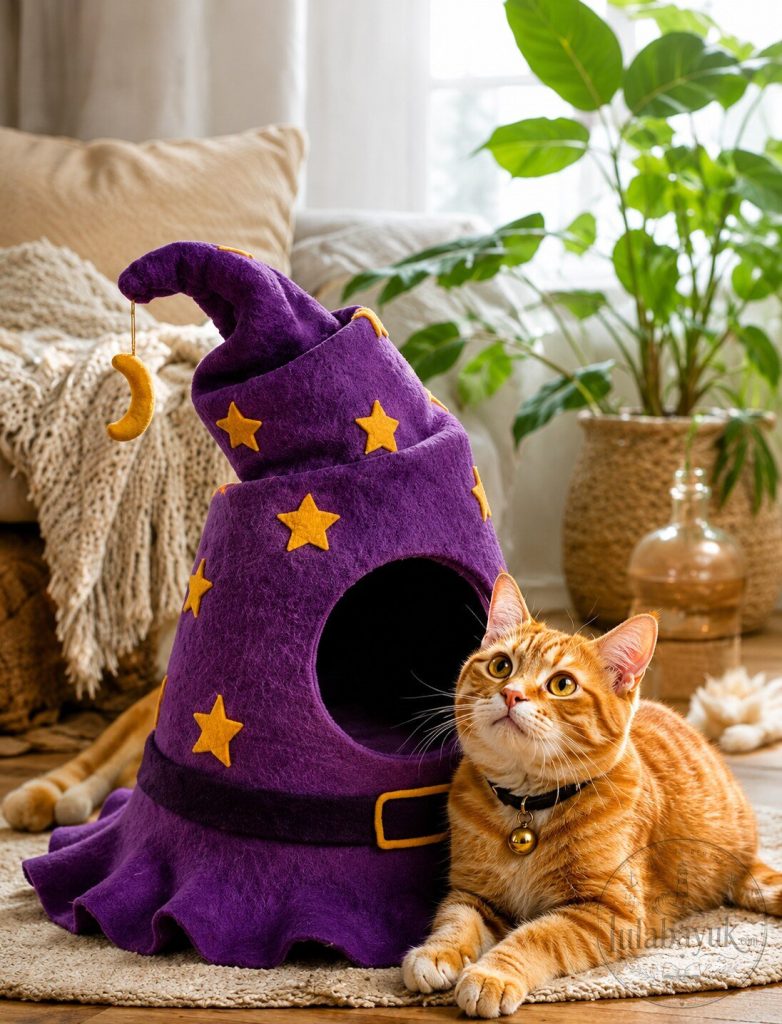 Halloween Purple Witch Wizard Hat Felt Cat Cave Bed House