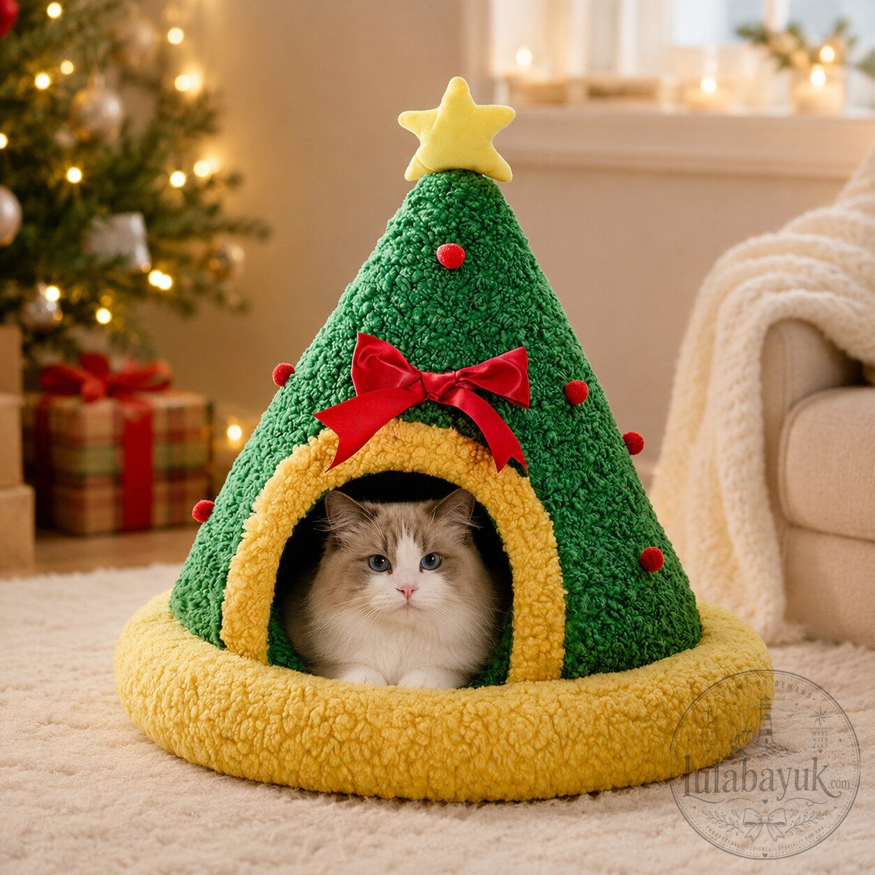 Christmas Tree Shaped Fleece Warm Cat Bed House with Red Bow