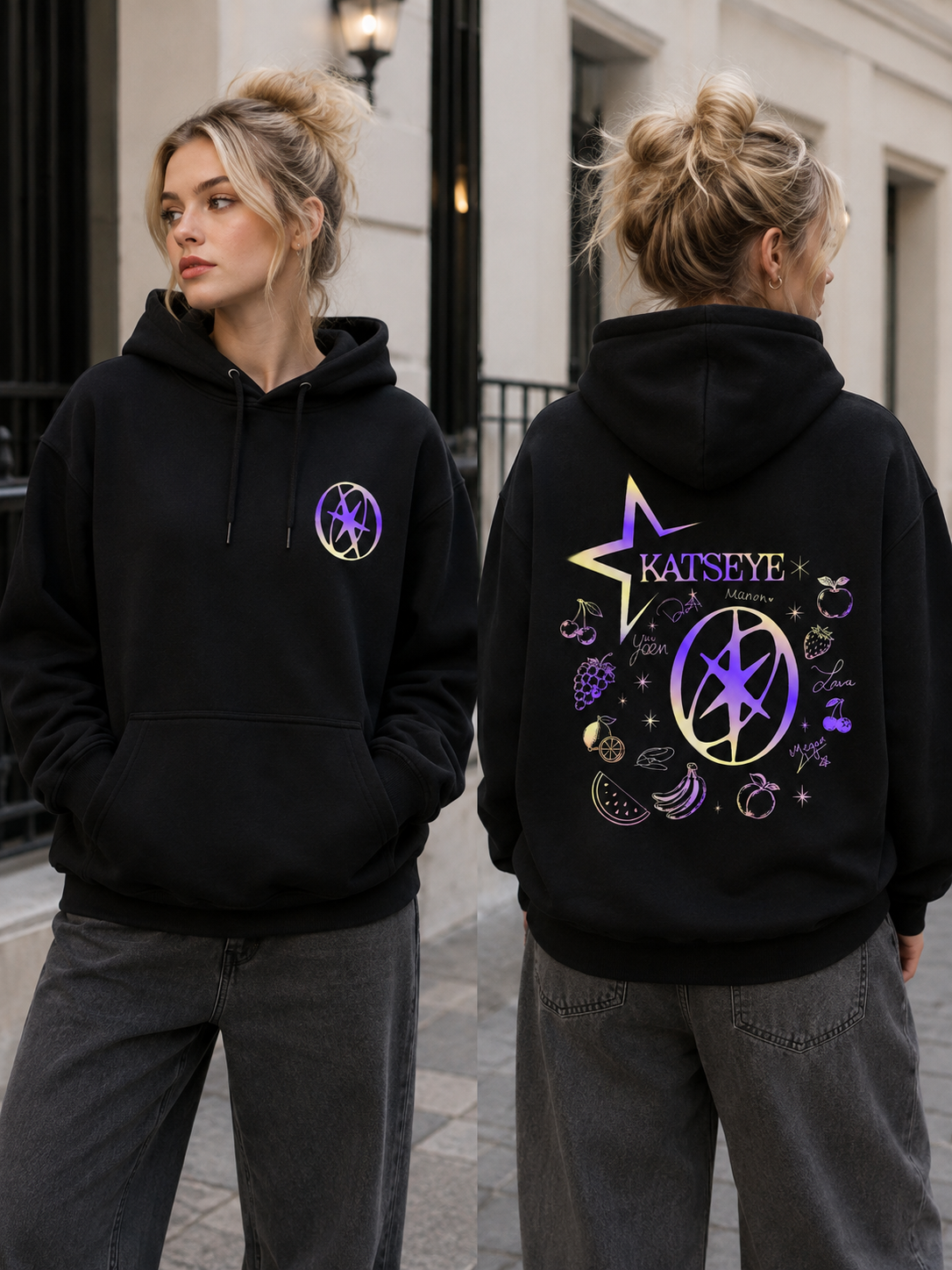 KATSEYE Hootie Frutti Black Hoodie – Front and Back Model View