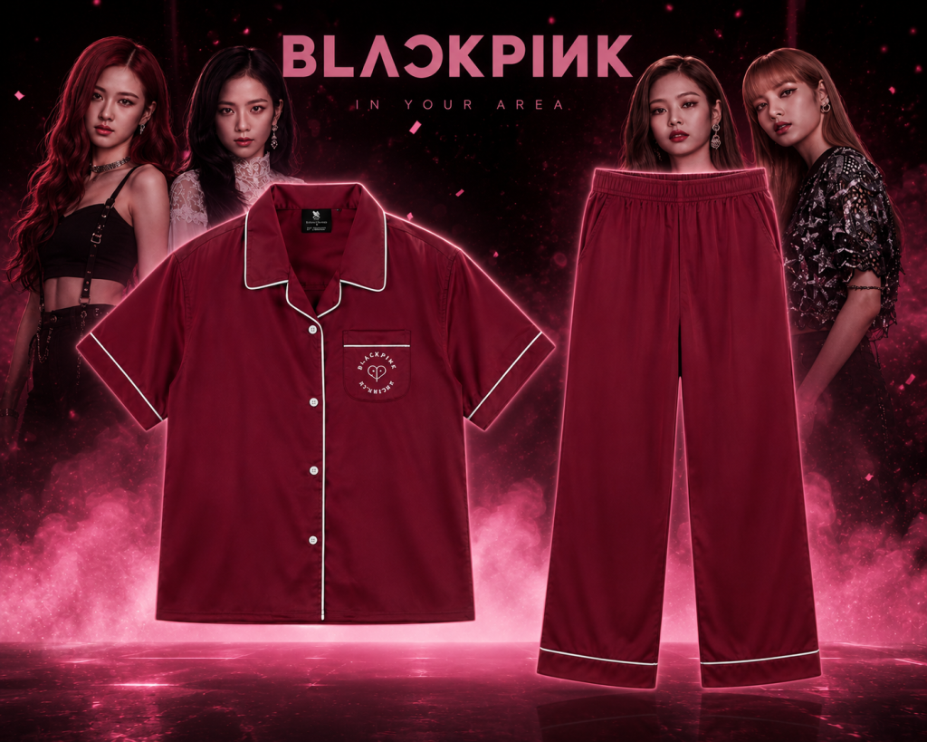 BLACKPINK burgundy pajama set BLACKPINK Burgundy Pajama Set – Short Sleeve Shirt & Wide Leg Pants
