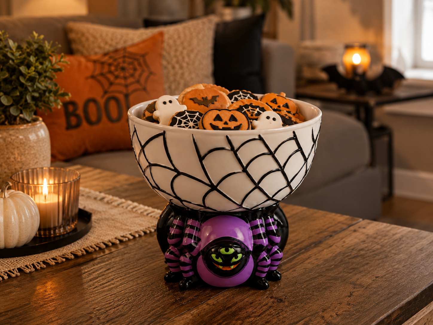 Halloween Purple Spider Web Candy Bowl with Three-Eyed Spider Base Halloween Purple Spider Web Candy Bowl with Three-Eyed Spider Base – image 2 of 3