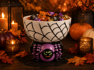 Halloween Purple Spider Web Candy Bowl with Three-Eyed Spider Base 3 Halloween Purple Spider Web Candy Bowl with Three-Eyed Spider Base