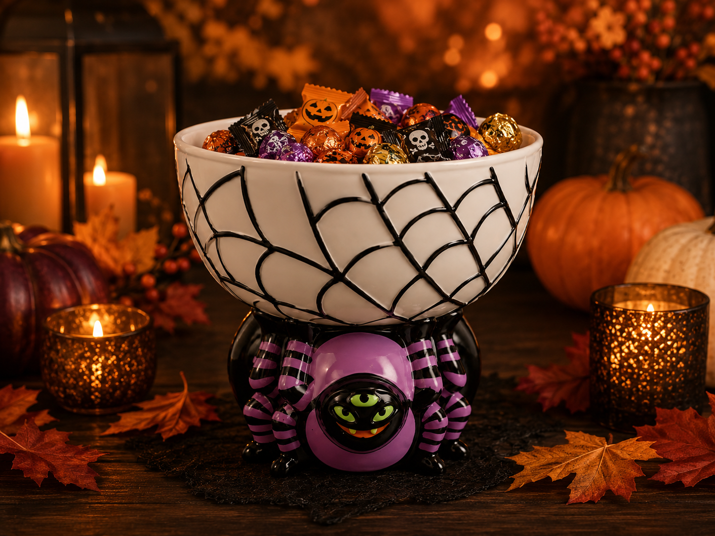 Halloween Purple Spider Web Candy Bowl with Three-Eyed Spider Base