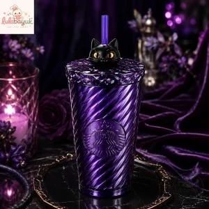 Starbucks Purple Crystal Tumbler with Black Cat Straw Topper