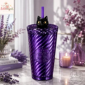 Starbucks Purple Crystal Tumbler with Black Cat Straw Topper