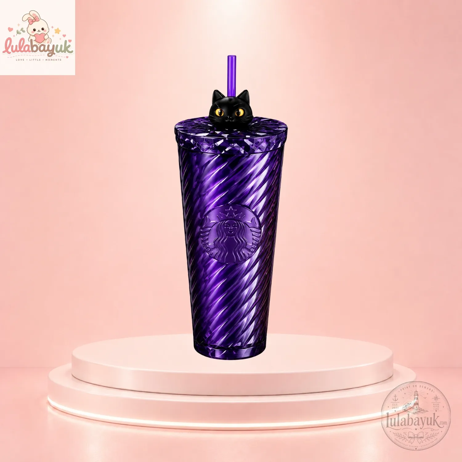 Starbucks Purple Crystal Tumbler with Black Cat Straw Topper